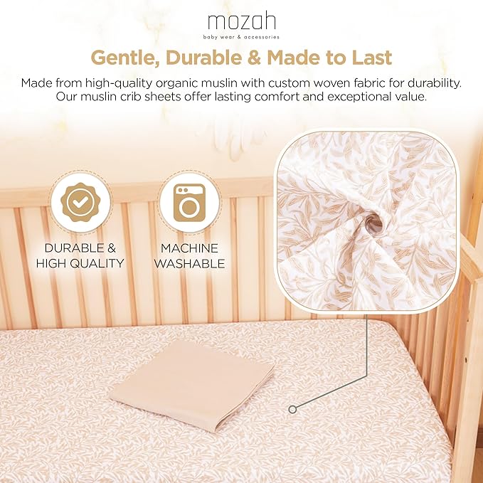 MOZAH Organic Muslin Crib Sheets, Soft and Breathable Bedding for Baby Girls or Boys, Snug Fitted Sheet for Standard Cribs & Toddler Mattresses, 2 Pack, Beige and Beige Leaves