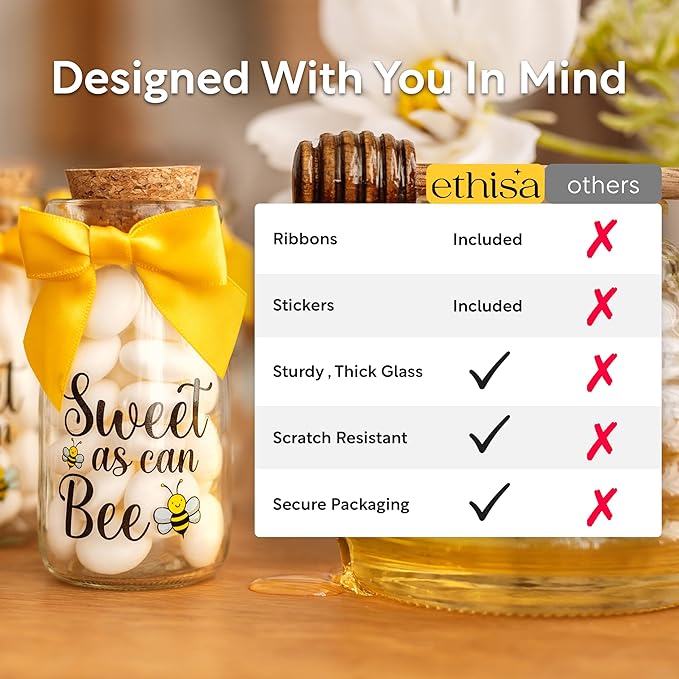 Ethisa Small 12 Pack Bee Party Favor Glass Bottles with Ribbons and Stickers - Baby Shower and Birthday Souvenir for Guests and Table Centerpiece Decoration - Sweet as Can Bee Honey Themed Candy Jar