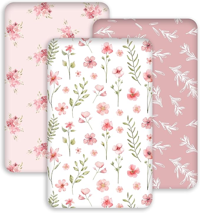 Baby Delight Bassinet Sheets 33x20 for Newton,Airclub,Maxi COSI,Angelbliss,Dream on Me,Mika,Harppa,Amke,ezebaby Rectangle Bassinet Mattress - Pink Floral 3 Pack Girl