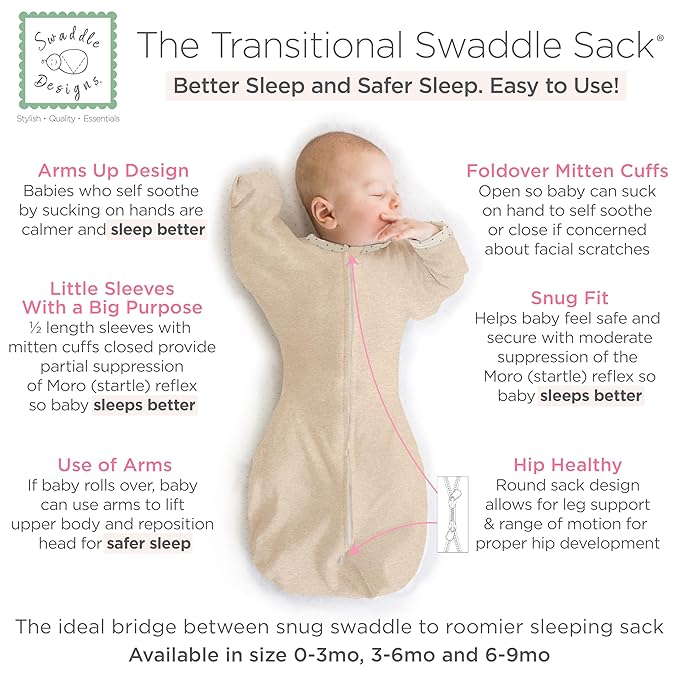 SwaddleDesigns Transitional Swaddle Sack, Arms Up Half-Length Sleeves & Mitten Cuffs, Swaddle for Newborn Transition to Baby Sleep Sack Wearable Blanket, Small, 0-3 Month, 6-14 lb, Heathered Oatmeal