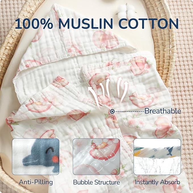 Toddler Hooded Bath Towels,100% Cotton Muslin Baby Towels for Boys Girls,Ultra Soft & Absorbent Quick Dry Kids Towel for Beach,Pool,Bathroom,Large 43x43 Inch