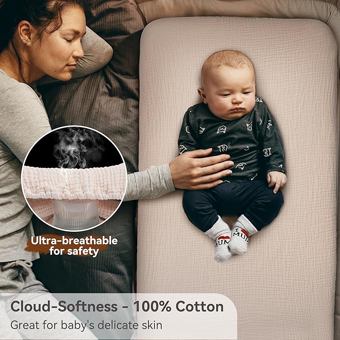 Pro Goleem Muslin Bassinet Sheets, 100% Cotton Breathable Soft Fitted Baby Pad Protector for Boys Girls, Fit Oval/Hourglass/Rectangular Bassinet Mattress, Neutral, 2 Pack (Brown＆Beige)