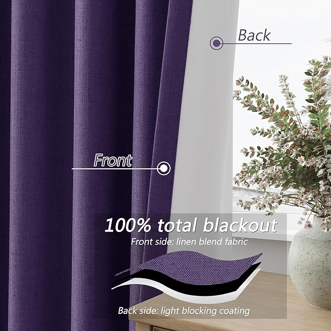 Guken 100% Blackout Curtains 96 Inch Length 2 Panels Set for Living Room Bedroom Back Tab Thermal Insulated Black Out Linen Drapes Room Darkening New Purple,52x96
