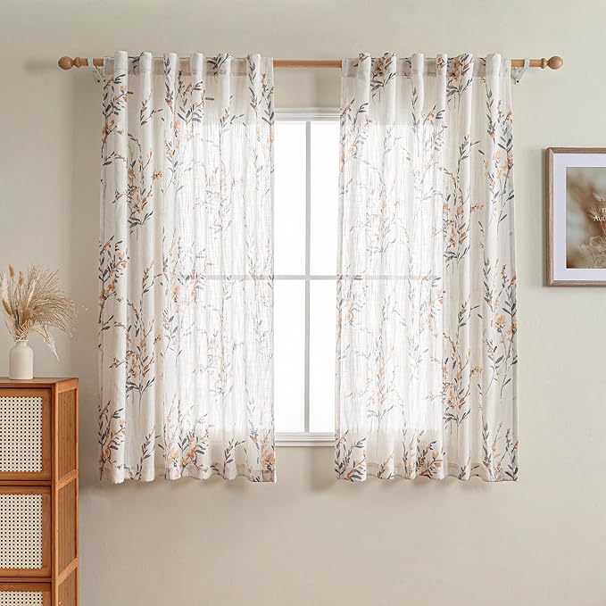 MYSKY HOME Bedroom Curtains 63 Inch Length 2 Panels Set Linen Look Semi Sheer Yellow Vertical Drapes Light Filtering Privacy Protect Floral Print for Bedroom Living Room Kitchen, W50 x L63, 2 Pcs