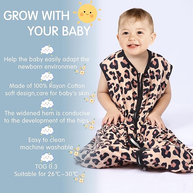 BSTOPPT 3 Pack Baby Sleep Sack 100% Rayon Cotton Baby Sleeping Bag 2-Way Zipper Toddler Wearable Blankets TOG 0.3. (Leopard&Cobble&Green, 0-6 Months)