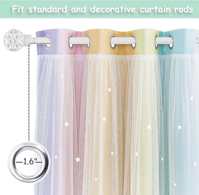 NICETOWN Rainbow Curtains for Baby, Kids Room Decor for Girls, Starry Drapes Overlapped with Tulle, Romantic Princess Decor for Girls (1 Pair = 104 inches Wide, Rainbow-3, 4 Tiebacks Included)
