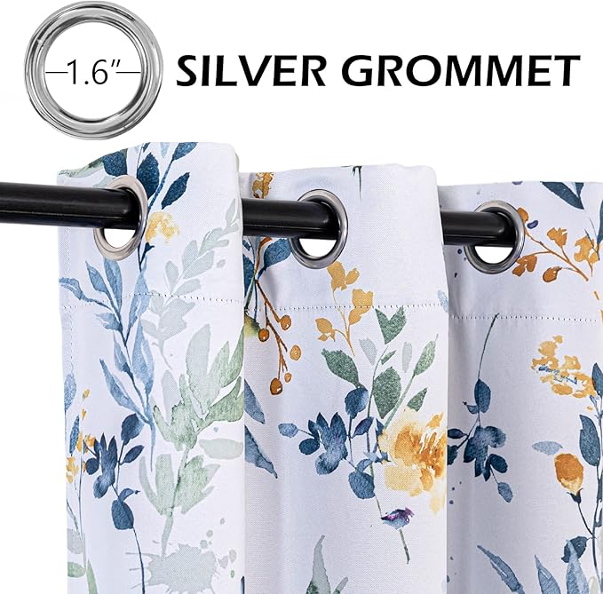 MYSKY HOME Floral Curtains 90 inch Long Living Room Curtains Room Darkening Curtains Thermal Insulated Light Blocking Drapes Grommet for Bedroom Bathroom, 2 Panels, Yellow and Blue