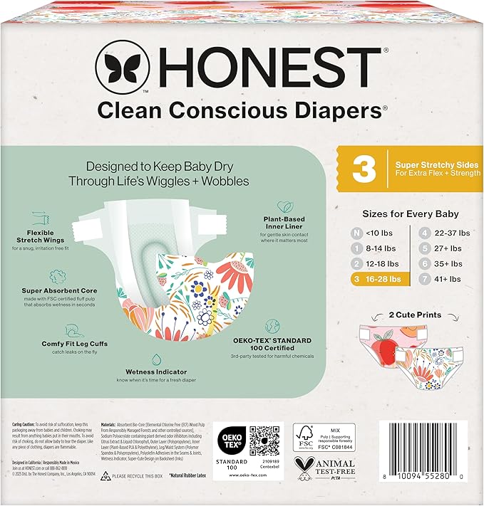 The Honest Company Comfort Dry Disposable Diapers for Sensitive Skin, Hypoallergenic, Fragrance-Free, Just Peachy + Flower Power, Club Box, Size 3 (16-28 lbs), 62 Count