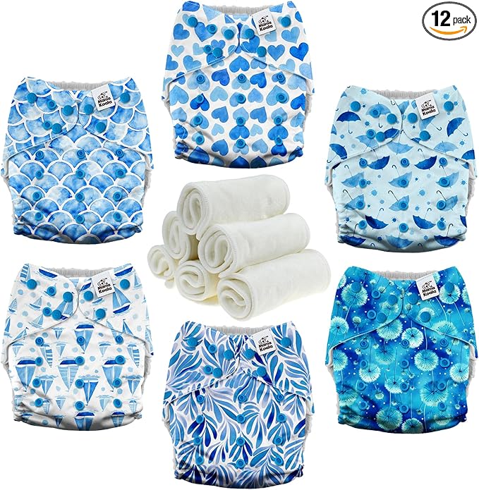 Mama Koala 3.0 Cloth Diapers for Babies with AWJ Lining, 6 Pack with 6 Natural Cloth Diaper Inserts - Reusable and Washable Pocket Diapers (Blue Romance)