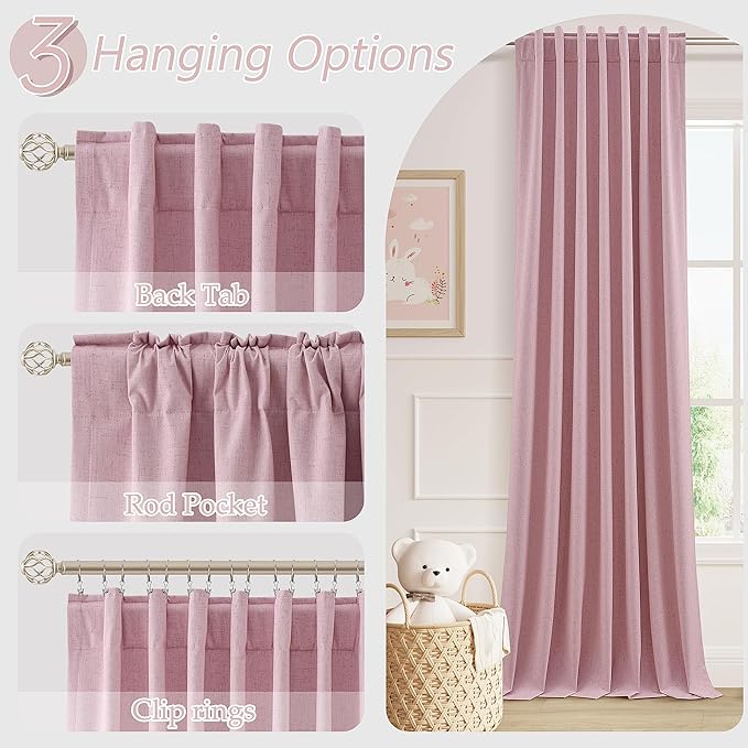Guken 100% Blackout Curtains 96 Inch Length 2 Panels Set for Living Room Bedroom Back Tab Thermal Insulated Black Out Linen Drapes Room Darkening Rose,52x96
