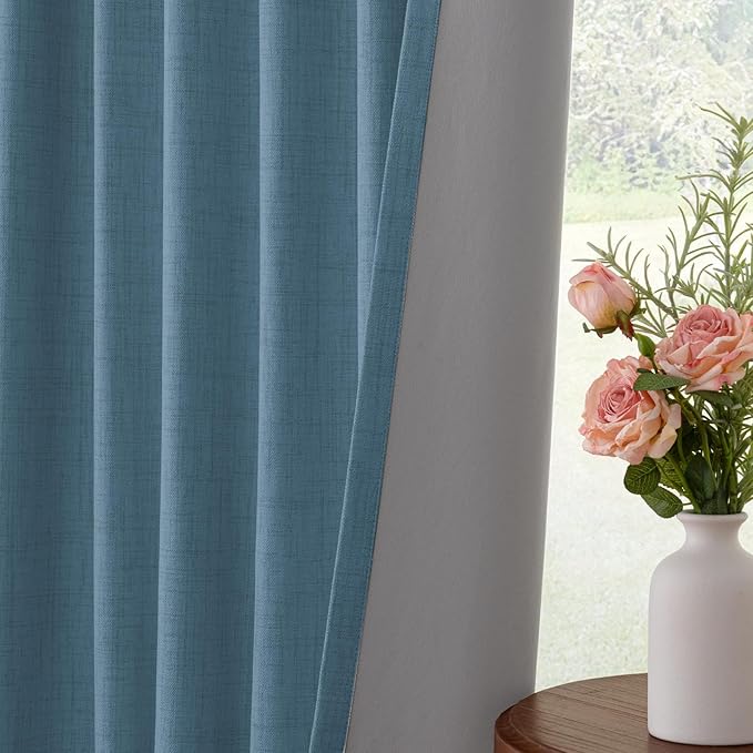 INOVADAY 100% Blackout Curtains for Bedroom, Black Out Curtains 96 Inch Long, Clip Rings Linen Blackout Drapes, Thermal Insulated Room Darkening for Living Room, 2 Panels - Tone Blue,W50xL96
