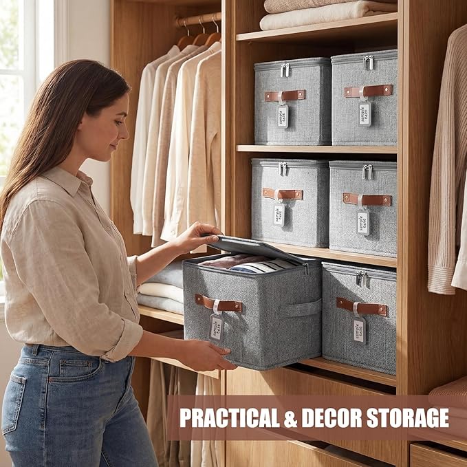 6 Pack Fabric Closet Storage Bins with Zipper Lids and Label, 10×8×7In Large Size Foldable Cotton Linen Storage Cubes Boxes with PU Leather Handles Holders for Bedroom, Shelf, Nursery, Gray