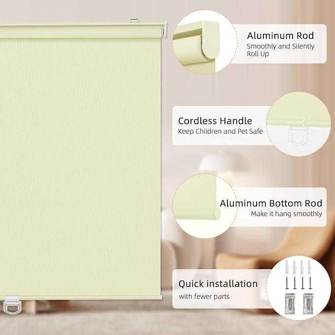 ChrisDowa Blackout Roller Shades for Windows, Striped Pattern Cordless Pull Down Door Blinds with Privacy, Thermal Insulated Window Shades for Living Room, Home and Office. Beige, 66" W x 72" H