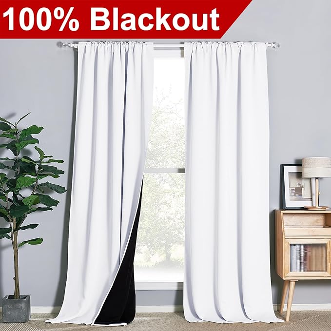 NICETOWN Full Shading Curtains for Window, Super Heavy-duty Black Lined Blackout Drapes with Rod Pocket & Back Tab for Bedroom, Privacy Assured Window Treatment (Pure White, Pack of 2, 52" W x 102" L)