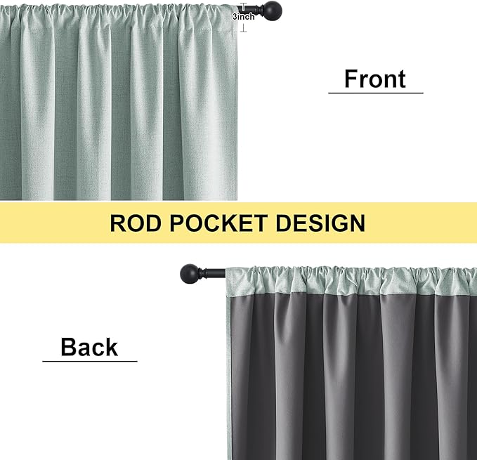NICETOWN 2 Panels Seafoam Green Linen 52 x 80 Inches 100% Blackout Curtains for Bedroom - Linen Blend Rod Pocket Drapes for Living Room, Nursery, Thermal Insulated & Light Blocking Curtains