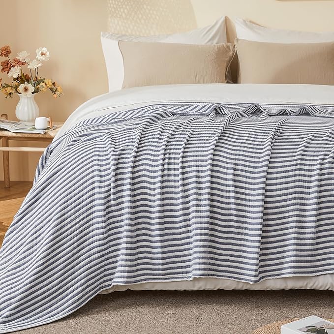EMME Cotton Muslin Queen Blanket Bed Layering Bedspread Coverlet Breathable Gauze Soft Lightweight Adults (Striped Navy, 90"x90")