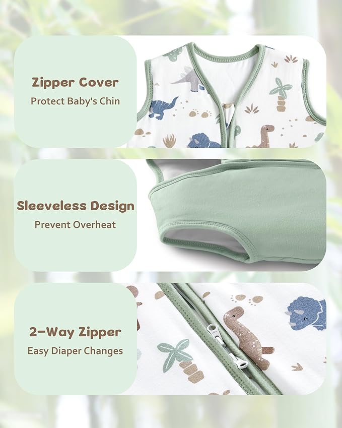 FIEMOL Rayon Made from Bamboo Baby Sleep Sack 6-12 Months, 1.0 Tog Baby Wearable Blanket, Soft Sleeping Bag for Newborn Infant Babies with 2-Way Zipper 2 Pack (Medium) Green Dinosaur