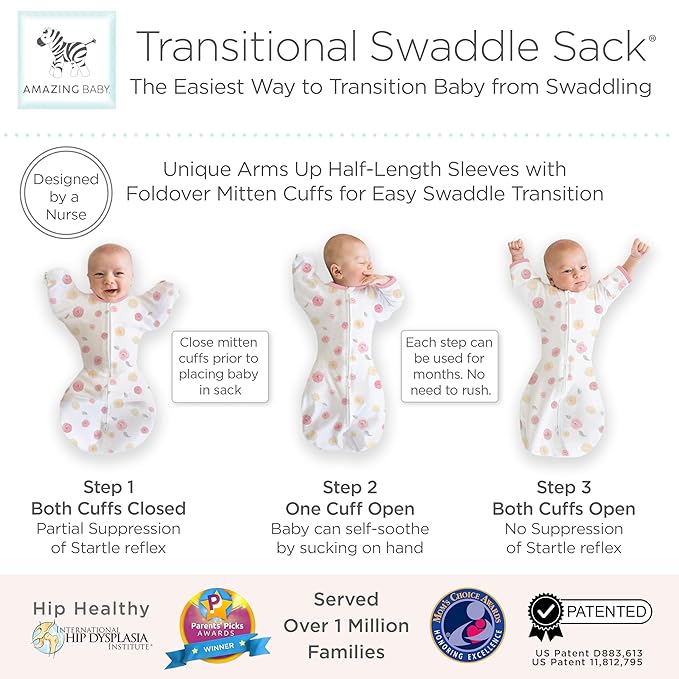 Amazing Baby Transitional Swaddle Sack, Arms Up Half-Length Sleeves & Mitten Cuffs, Swaddle for Newborn Transition to Baby Sleep Sack Wearable Blanket, Sm, 0-3 Month, 6-14 lb, Little Watercolor Roses