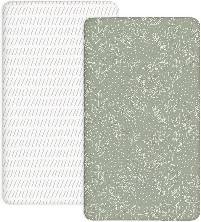 Pack and Play Sheets 2 Pack, Fitted Jersey Knit Mini Crib Sheets for Baby Boys and Girls, Compatible with Graco Pack N Play and Mini Crib Mattress (Sage Trail, Pack N Play/Mini Crib Sheets)
