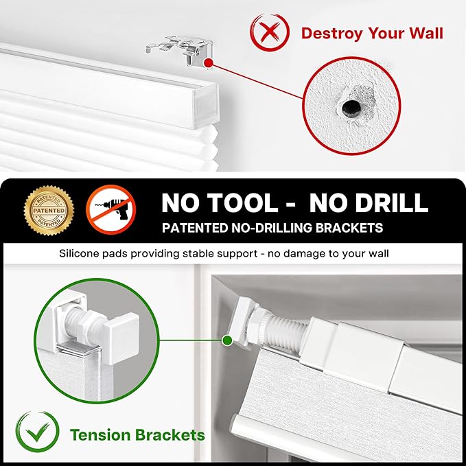 LazBlinds Cordless Cellular Shades, No Tools No Drill Blackout Honeycomb Shades Pleated Blinds for Windows, 45" W x 64" H, Silver White