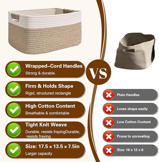 2 Pack Large Storage Basket for Organizing, 17.5"x13.5"x7.5" Woven Basket for Shelves, Closet Storage Bins with Wrapped Handle, Cotton Rope Baskets for Kitchen, Clothes, Toys(Off White & Brown)