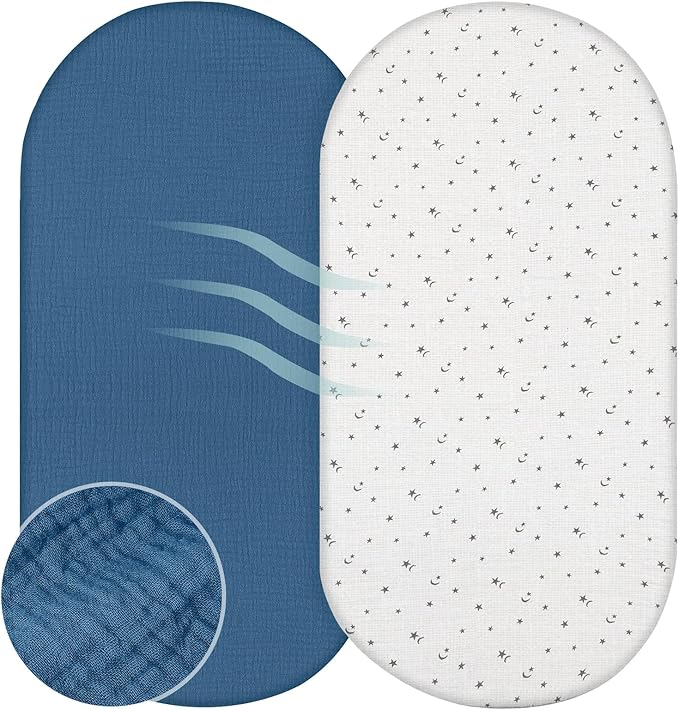 Basumee Muslin Bassinet Sheets for Baby Girl Boy 2 Pack Soft Breathable Baby Bedside Bassinet Fitted Sheets with Bottom Elastic Band 33''x17''x4'' Mattress Cover for Rectangle Oval Hourglass Bassinets