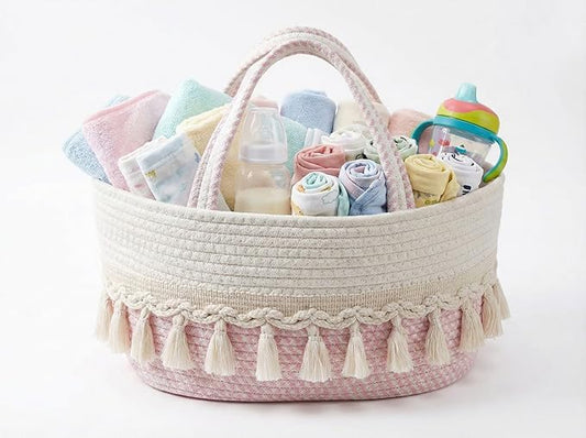 Diaper Caddy Organizer, Stylish Nursery Storage Basket, Baby Shower Basket with Tassel Decorative Appearance, Portable Storage Basket Suitable for Family and Car Travel (pinkish white)