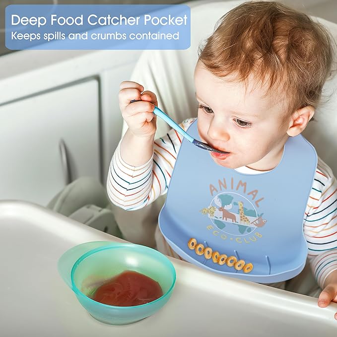 BEBE FAVOUR 2 Pack Silicone Baby Bibs Adjustable Fit Waterproof Bib With Leak Proof Food Pouch Catcher for Eating Boys Girls