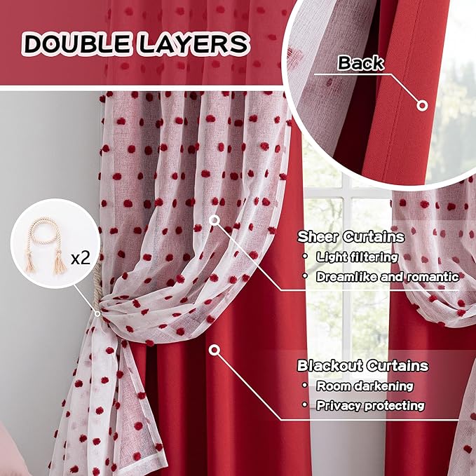 MYSKY HOME Long Curtains for Living Room 95 Inches Length Red Pom Pom Sheer and Blackout Sliding Glass Door Curtain Grommet Double Layer Room Darkening Window Panels for Patio, Red, 52" Wide, Set of 2