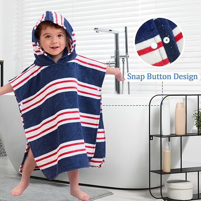 Toddler Bath Towels with Hood, Oversized (2-4Years,22"X22") Made from 100% Soft Cotton,Absorbent Hooded Poncho Towel for Baby Girl,Perfect for Pool | Swimming | Bath | Beach,Navy Red Stripe