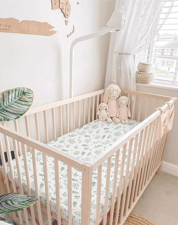 Mini Crib Sheets for Baby Boy Girl 2 Pack, Neutral Mini Crib Mattress Sheet 24" x 38", Muslin Nursery Bedding Soft and Breathable Comfort (Fern Leaf & Sage)