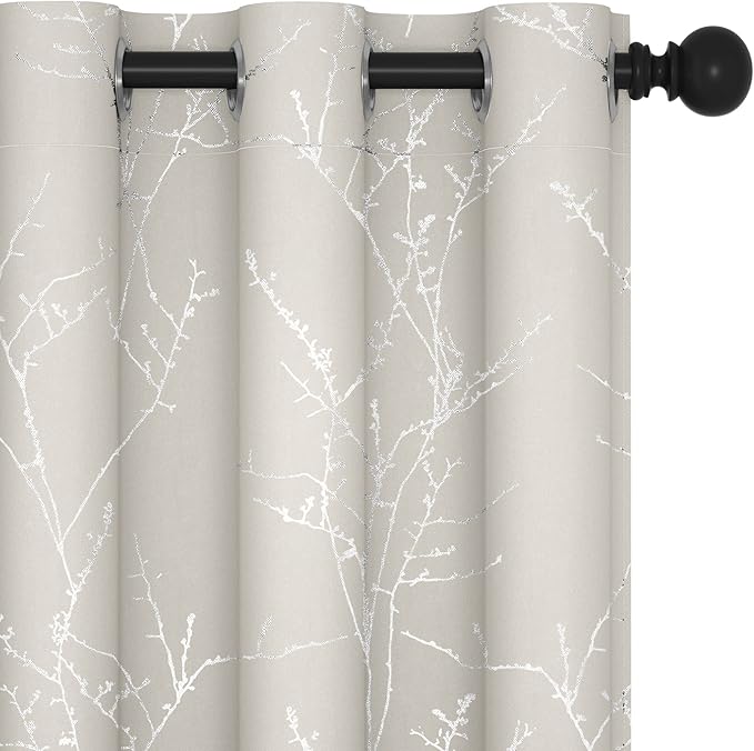 Deconovo Short Curtains, Room Darkening Curtain Beige, Thermal Insulated Soundproof Drapes, Silver Branch Print, 42 x 45 Inch, Machine Washable Window Panels for Living Room Office Kitchen, Set of 2
