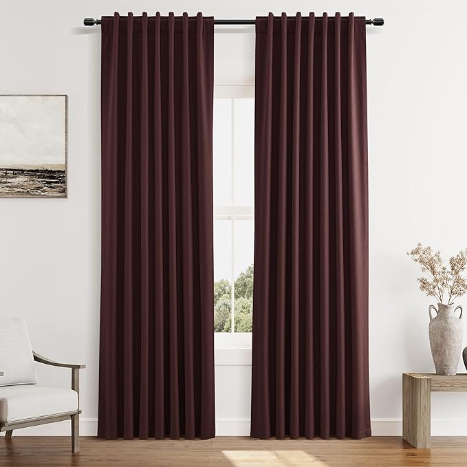 Guken 100% Blackout Curtains 84 Inch Length 2 Panels Set for Living Room Bedroom Back Tab Thermal Insulated Black Out Linen Drapes Room Darkening Reddish Brown,52x84