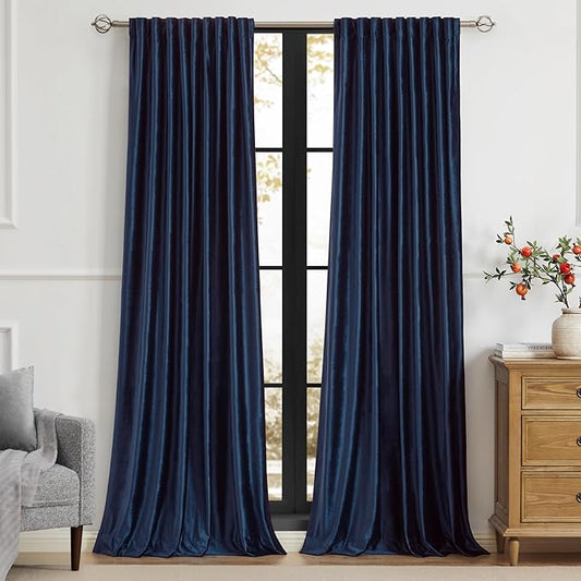 PRIMROSE Navy Blue Velvet Curtains 84 inch Long for Living Room,Set of 2 Panels Blackout Rod Pocket Back Tab Window Treatment Room Darkening Heavy Decorative Curtains Drapes for Bedroom