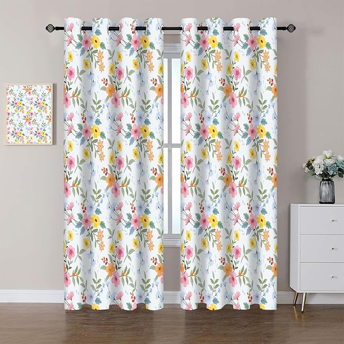 Flower Window Drapes, Pink Yellow Floral Modern Chic Blackout Room Darkening Grommets Curtains, Window Curtains for Living Room Bedroom Drom Decor 52x84 Inch