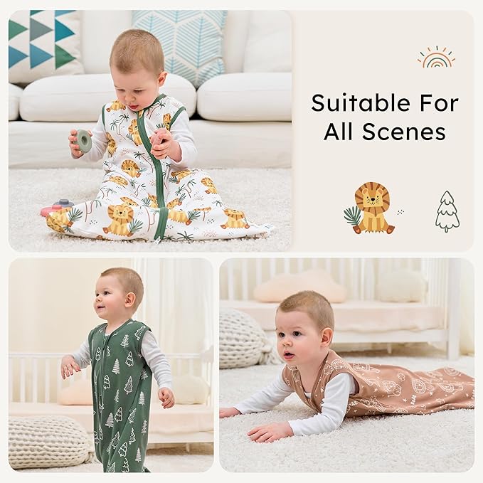 FIEMOL Baby Sleep Sack 6-12 months, 100% Cotton Sleeping Sack for Newborn and Infant, 3 Pack Baby Wearable Blanket, 0.5 Tog Lightweight Double Zipper Sleep Bag Medium Brown Green Lion