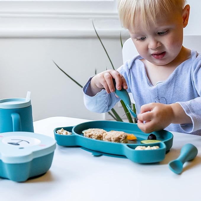Tum Tum Baby Cutlery with Case, Silicone Spoon & Fork Set, Self Feeding Cutlery, 6+ Months, Blue