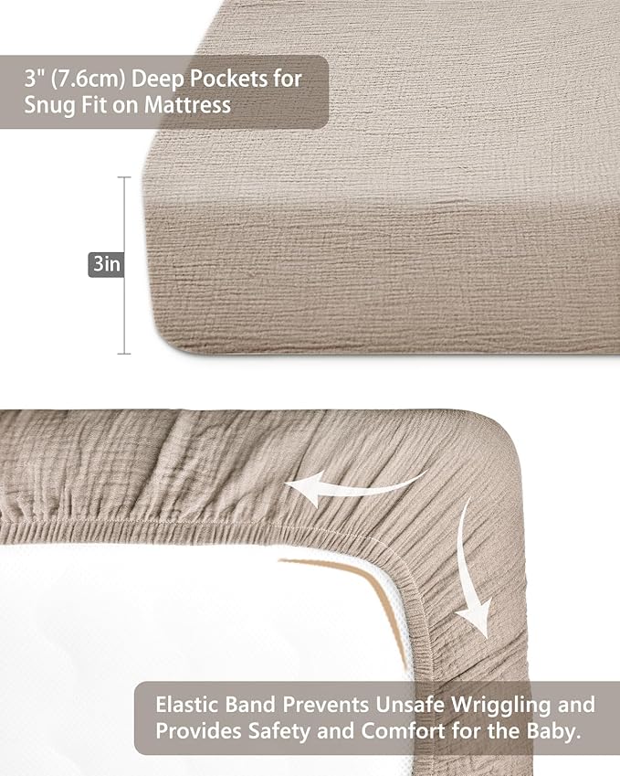Pack and Play Sheets for Baby Boy and Girl 2 Pack, Neutral Muslin Cotton Pack N Play Mattresses Sheet 27"x39", Muslin Nursery Bedding Soft and Breathable Comfort (Beige & Cream)