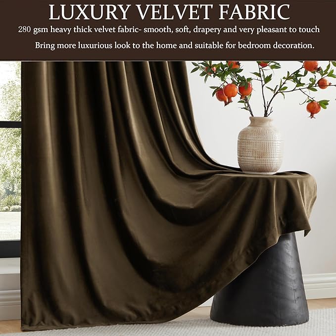 PRIMROSE 100% Full Blackout Brown Velvet Curtains 108 inch Long for Living Room,Set of 2 Liner Rod Pocket Back Tab Thermal Window Curtains Room Darkening Heavy Decorative Curtains Drapes for Bedroom