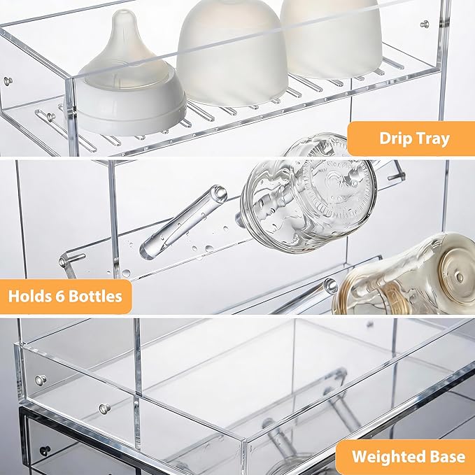 Heyrelda Baby Bottle Drying Rack Space Saving Vertical Acrylic Stand with Drip Tray – Clear Countertop Organizer for Bottles, Baby Accrssories – Fast Drying and Easy Cleanup - 10.3 x 6.3 x 10.6 in
