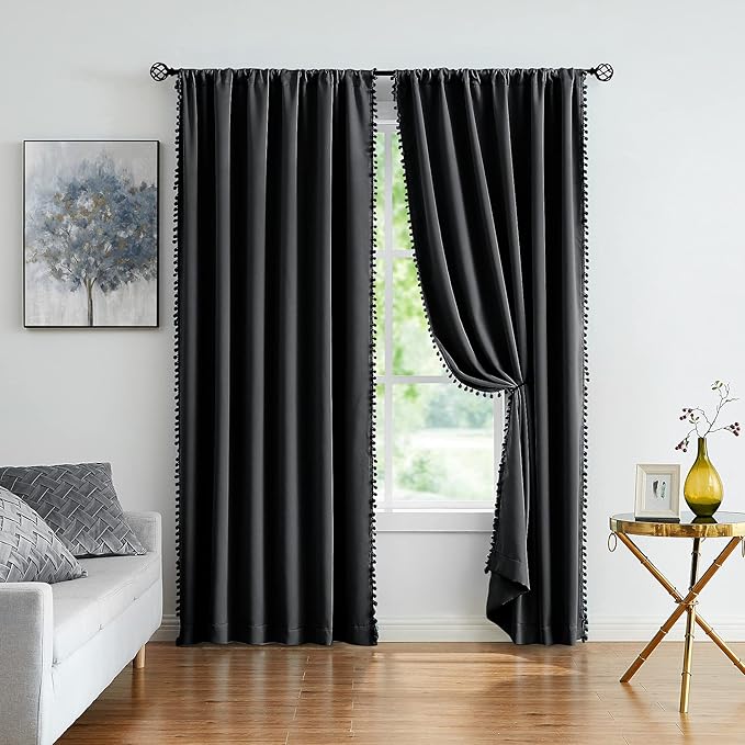 Treatmentex Pompom Blackout Curtains Bedroom Black 90 inch Length Windows Drapes Triple Weave Thermal Insulated Curtain Panels for Nursery Room Studio Hotel 52" w x2 Panels Rod Pocket