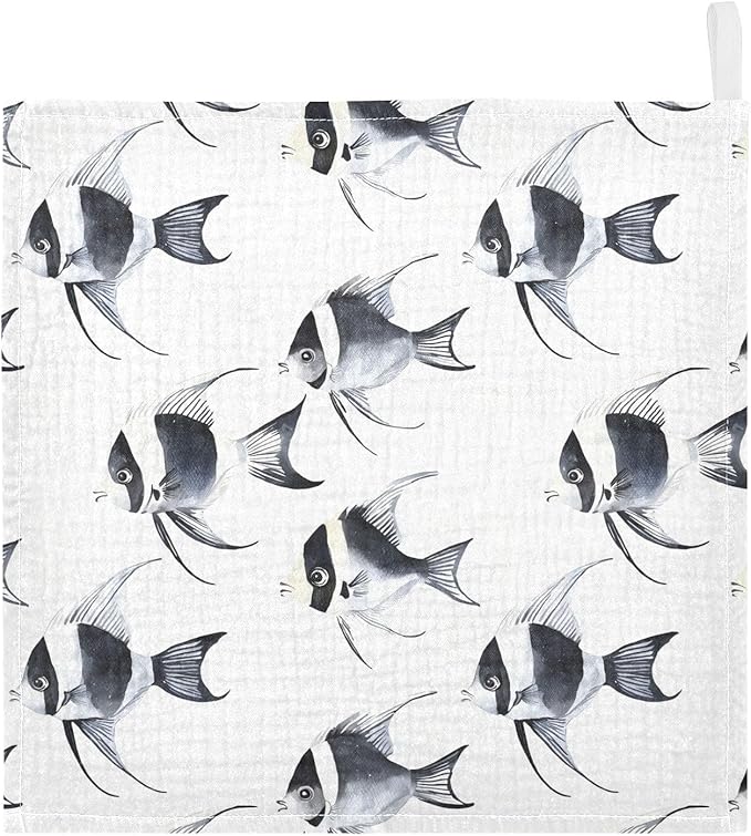 vvfelixl Baby Muslin Washcloths Black and White Angelfish Baby Burp Cloths Cotton Babys Face Towel for Newborn Infants Boys Girls Soft and Absorbent 11.8 X 11.8 in, 3 Pack