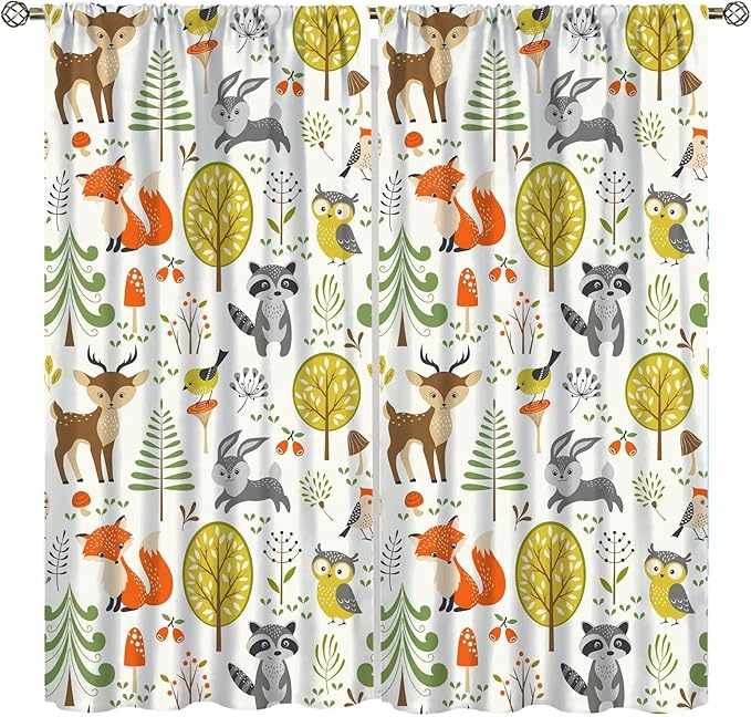 Kids Safari Animal Curtains Boy Girl Bedroom Decor Cartoon Woodland Bear Child Nursery Colorful Wildlife Jungle Forest Living Room Window Drapes Fabric 2 Panels 42W x 63L Inch