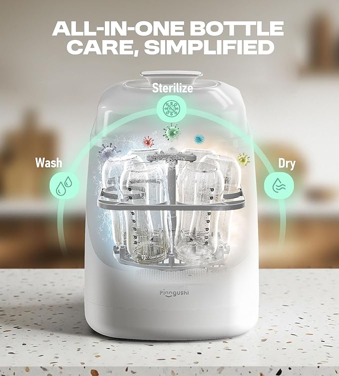 PINNGUSHI【Upgraded】Baby Bottle Washer Pro, Sterilizer, Dryer & Water-Filter, 5-in-One Cleaning Machine Fits 6 Bottles, Pump Parts & Baby Essential, No More Hand Washing for Busy Moms & Parents