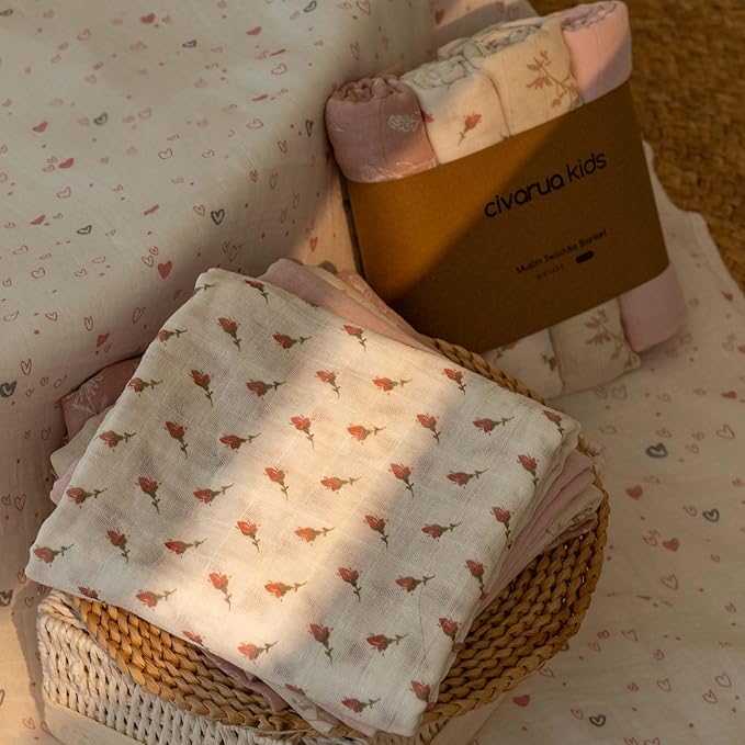 Muslin Swaddle Blankets for Newborn, 4 Pack Cotton Baby Blankets for Girls, Large 31.5 x 43.3 Breathable Soft Receiving Blanket, Essentials Swaddle Wrap Burping Clothes, Flowers
