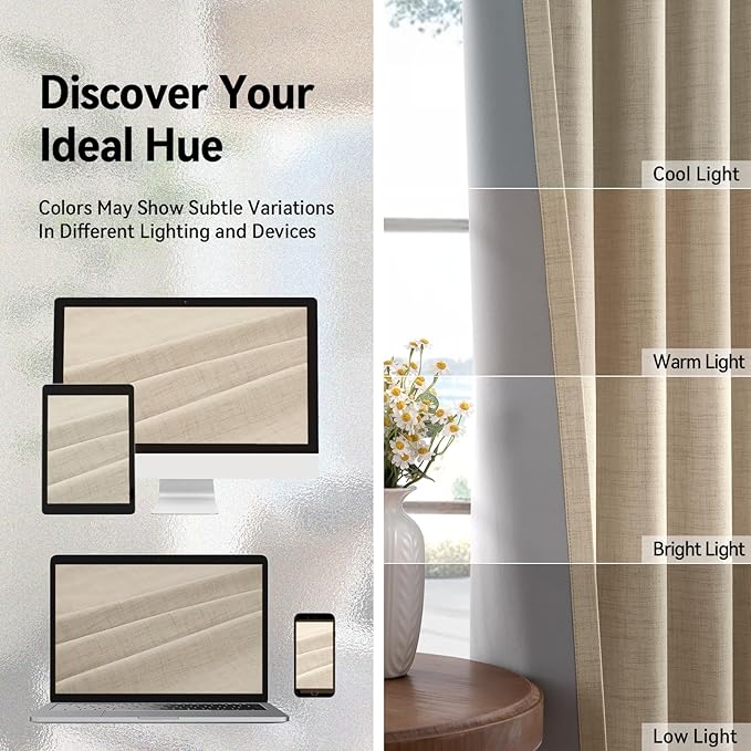 100% Blackout Shield Linen Blackout Curtains for Bedroom, Natural Flax Grommet Curtains for Living Room, Thermal Insulated Room Darkening Drapes for Nursery, Boho Home Decor, 50" W x 63" L, 2 Panels