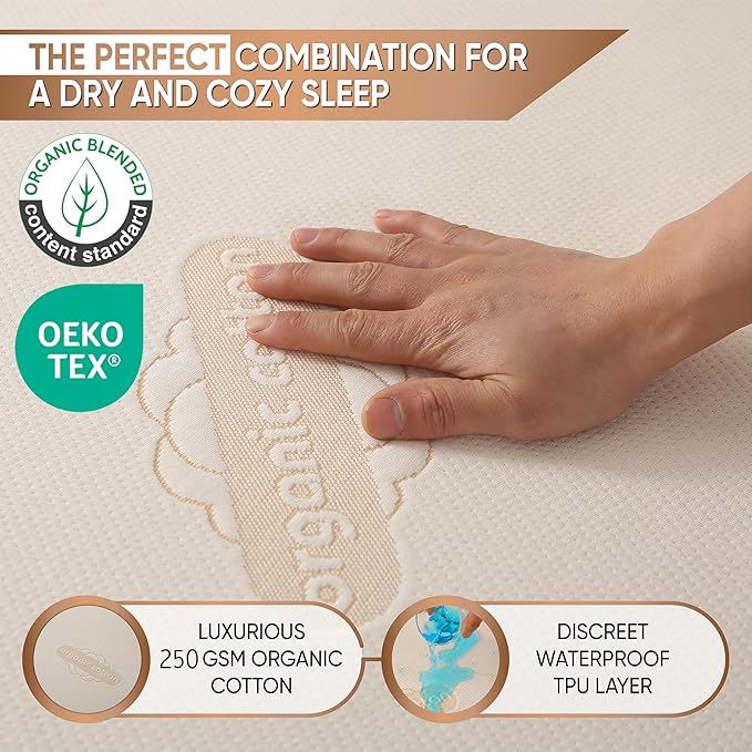 Waterproof Organic Mattress Protector Twin Size – Soft Organic Cotton Top – Noiseless & Breathable 250 GSM Pad Cover – Deep Pocket Fitted Design