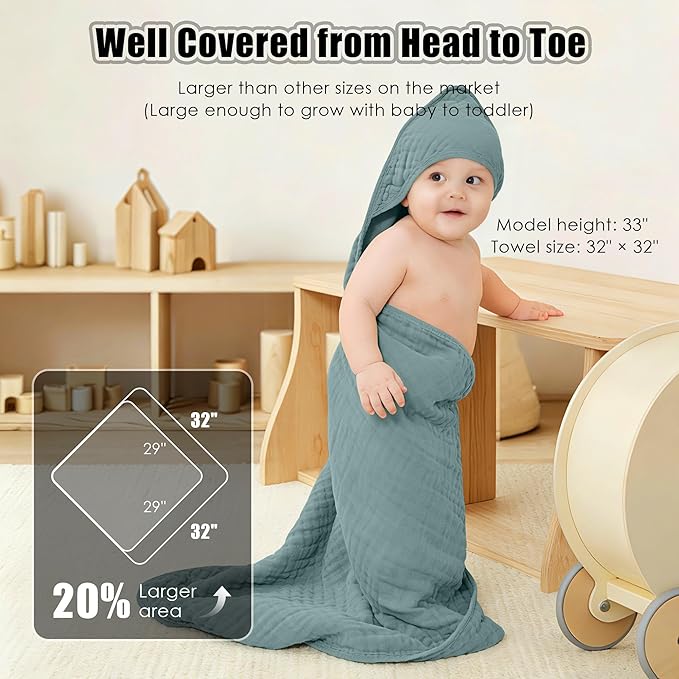 Sunny zzzZZ Muslin Hooded Baby Bath Towels - 3 Pack 100% Cotton Soft Low-Saturation Pastel Towels Including Classic White for Newborns, Infants, Toddlers - 32x32 Inch - Light Emerald and White