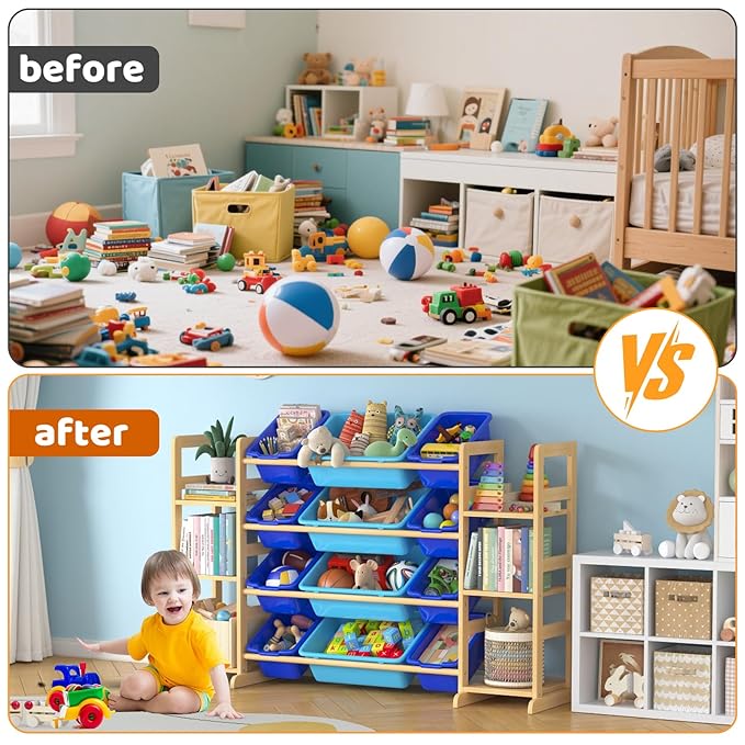 Large Toy Storage Organizer Kids Toy Organizer and Bookshelf Combo with 12 Bins and 6 Shelves Toy Organization Box Toy Shelf for Playroom, Bedroom, Nursery