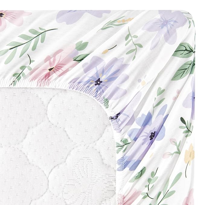 TILLYOU Baby Bassinet Sheets for Girls Boys 2 Pack Baby Sheets for Square Rectangle Oval Bassinet Mattress 33X16 Inch, Brilliant Little Flowers and Purple